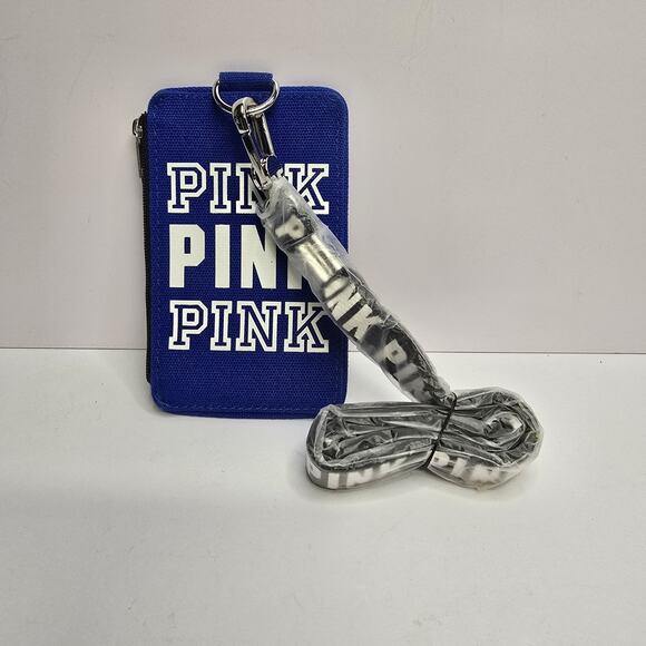 VICTORIA'S SECRET Pink Royal Blue Lanyard Zip ID Card Holder New - Picture 1 of 3